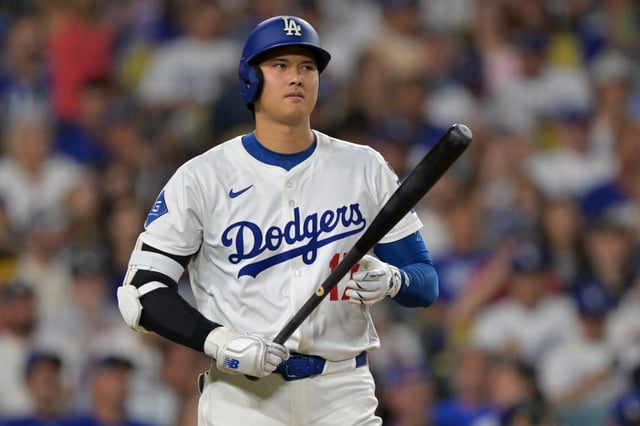Dodgers star Shohei Ohtani looks on between pitches during his at-bat in the third inning of their game against the Arizona Diamondbacks on Friday night at Dodger Stadium. (Photo by Jayne Kamin-Oncea/Getty Images)
