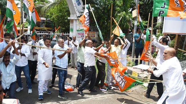 BJP activists fighting with Congress activists in front of Congress office in protest against alleged use of abusive language against PM Modi during LoP Rahul Gandhi's Vote Adhikar Yatra in Bihar, outside of Sadaquat Ashram in Patna, Bihar on August 29.

