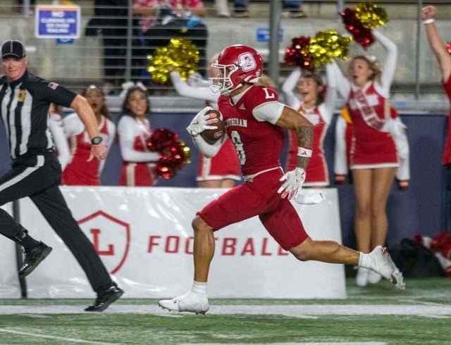 Orange Lutheran’s Nico Bland (8) heads to the end zone with a touchdown reception during a non-league football game between Orange Lutheran and Rancho Cucamonga at Orange Coast College Friday Aug. 29, 2025. (Photo by Michael Goulding, Contributing Photographer)