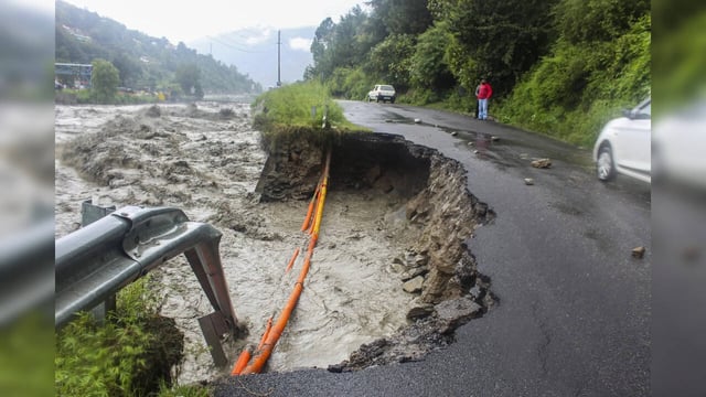 Kullu: A portion of the Chandigarh-Manali highway washed away after heavy rainfa...