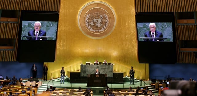 Le président de l'Autorité palestinienne, Mahmoud Abbas à la tribune de l'Assemblée générale de l'ONU, le 26 septembre 2024 à New York