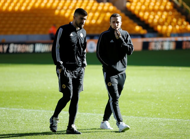 Soccer Football - Premier League - Wolverhampton Wanderers v Norwich City - Molineux Stadium, Wolverhampton, Britain - February 23, 2020  Wolverhampton Wanderers' Diogo Jota and Ruben Neves inside the stadium before the match   Action Images via Reuters/Craig Brough/ File Photo