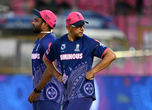 Cricket - Indian Premier League - IPL - Rajasthan Royals v Gujarat Titans - Sawai Mansingh Stadium, Jaipur, India - April 28, 2025 Rajasthan Royals head coach Rahul Dravid with Sanju Samson during the warm up before the match REUTERS/Abhijit Addya/ File Photo