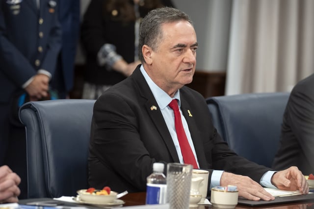 FILE - Israeli Defense Minister Israel Katz speaks during a meeting with Secretary of Defense Pete Hegseth at the Pentagon on July 18, 2025, in Washington. (AP Photo/Mark Schiefelbein, File)