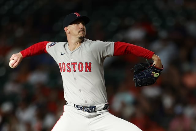 HOUSTON, TEXAS - AUGUST 13: Walker Buehler #0 of the Boston Red Sox pitches during the first inning against the Houston Astros at Daikin Park on August 13, 2025 in Houston, Texas.