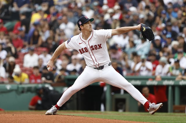 BOSTON, MA - JULY 27: Walker Buehler #0 of the Boston Red Sox pitches against the Los Angeles Dodgers during the first inning at Fenway Park on July 27, 2025 in Boston, Massachusetts.
