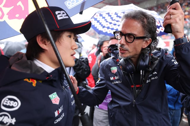Yuki Tsunoda of Japan and Oracle Red Bull Racing with Laurent Mekies, Team Principal of Oracle Red Bull Racing during the F1 Grand Prix of Belgium at Circuit de Spa-Francorchamps on July 27, 2025 in Spa, Belgium.