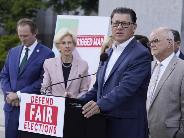 California state Senate Republican leader Brian Jones of San Diego speaks against a package of measures to redraw the state's Congressional districts and put new maps before voters in a special election, during a news conference in Sacramento, Calif.., Thursday, Aug. 21, 2025. (AP Photo/Rich Pedroncelli)