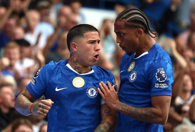Soccer Football - Premier League - Chelsea v Fulham - Stamford Bridge, London, Britain - August 30, 2025 Chelsea's Enzo Fernandez celebrates scoring their second goal with Joao Pedro REUTERS/Hannah Mckay
