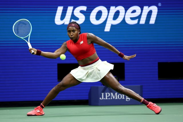 Coco Gauff of the United States plays a forehand shot against Donna Vekic of Croatia during their Women's Singles Second Round match on Day Five of the 2025 US Open at USTA Billie Jean King National Tennis Center on August 28, 2025 in the Flushing neighborhood of the Queens borough of New York City.