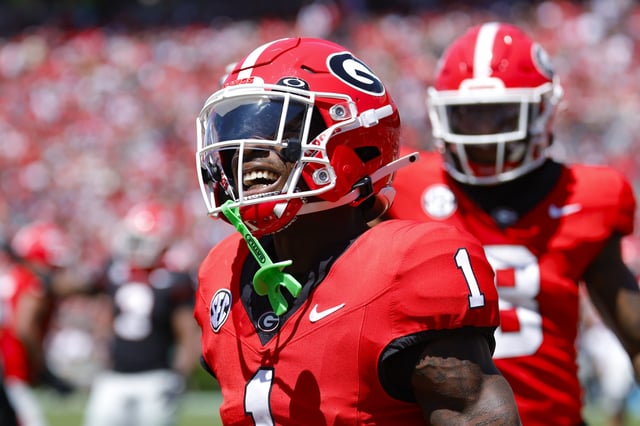Zachariah Branch #1 of the Georgia Bulldogs reacts after a catch during the second quarter of the Spring G-Day game at Sanford Stadium on April 12, 2025 in Athens, Georgia.