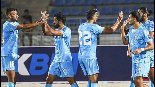 Anwar Ali, second from right, scored for India in the fifth minute against Tajikistan on Friday. (AIFF)
