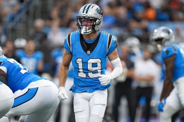 Aug 8, 2025; Charlotte, North Carolina, USA; Carolina Panthers wide receiver Adam Thielen (19) goes in motion against the Cleveland Browns during the first quarter at Bank of America Stadium. Mandatory Credit: Jim Dedmon-Imagn Images/File Photo