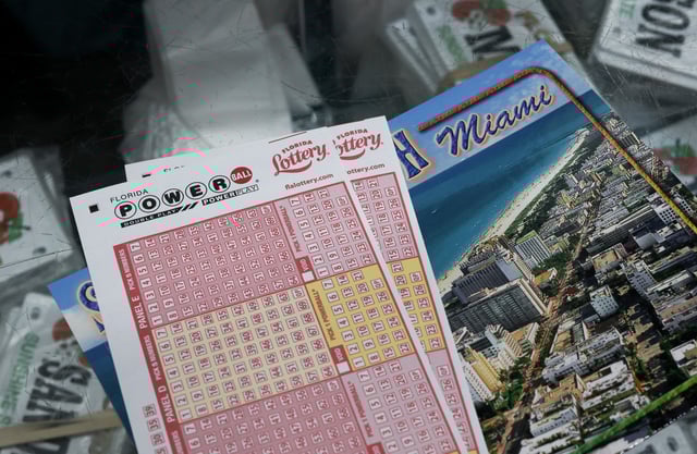 Powerball lottery ticket forms are displayed at the Downtown Miami Souvenirs store on August 26, 2025 in Miami, Florida.