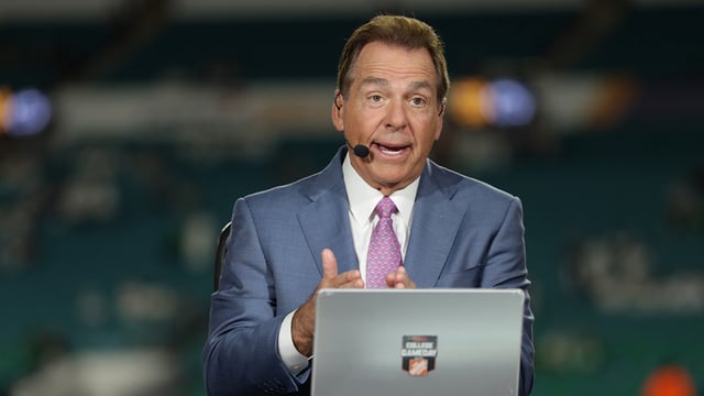 Jan 9, 2025; Miami, FL, USA; ESPN analyst Nick Saban before the game between the Notre Dame Fighting Irish and the Penn State Nittany Lions in the Orange Bowl at Hard Rock Stadium. Mandatory Credit: Nathan Ray Seebeck-Imagn Images