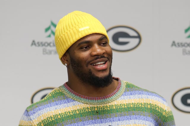 Former Dallas Cowboy Micah Parsons speaks to the media during a press conference, after being traded to the Green Bay Packers, at Lambeau Field on August 29, 2025 in Green Bay, Wisconsin.