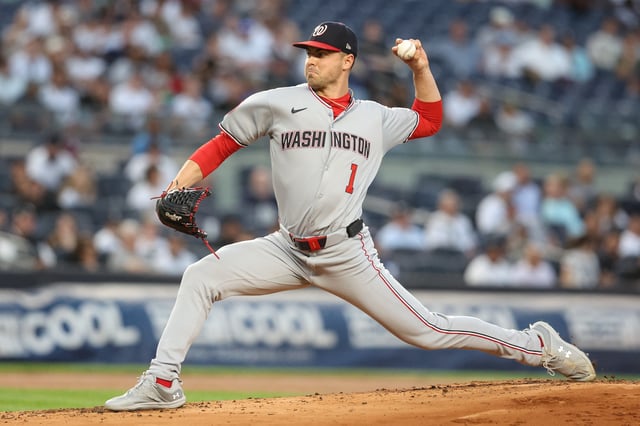 Aug 26, 2025; Bronx, New York, USA; Washington Nationals starting pitcher MacKenzie Gore (1) pitches in the first inning against the New York Yankees at Yankee Stadium. Mandatory Credit: Wendell Cruz-Imagn Images/File photo