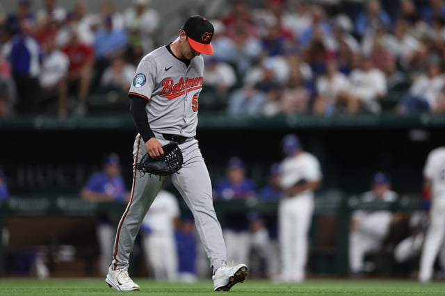 ARLINGTON, TEXAS - JULY 01: Pitcher Matt Bowman #51 of the Baltimore Orioles leaves the game against the Texas Rangers during the fifth inning at Globe Life Field on July 01, 2025 in Arlington, Texas.