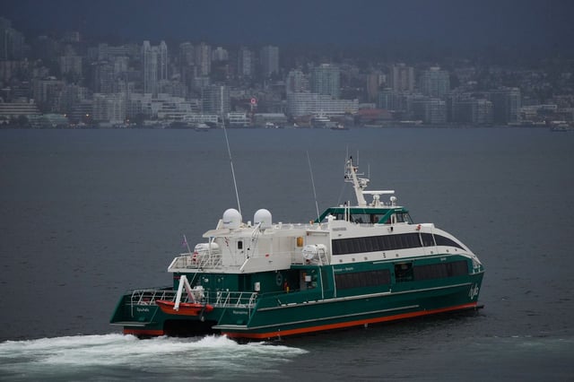A Hullo Ferries vessel departs downtown Vancouver en route to Nanaimo, B.C., on Tuesday, October 10, 2023. THE CANADIAN PRESS/Darryl Dyck