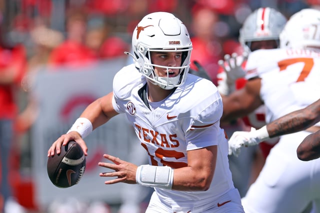 Arch Manning #16 of the Texas Longhorns throws a first half pass while playing the Ohio State Buckeyes at Ohio Stadium on August 30, 2025 in Columbus, Ohio.