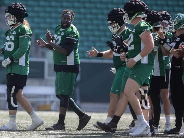 Saskatchewan Roughriders offensive lineman Jermarcus Hardrick (52) runs a drill at practice inside Mosaic Stadium  on Wednesday, August 27, 2025 in Regina.