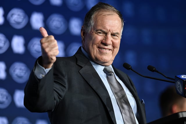 CHARLOTTE, NORTH CAROLINA - JULY 24: Head coach Bill Belichick of the North Carolina Tar Heels gives a thumbs up during the ACC Football Kickoff at Hilton Charlotte Uptown on July 24, 2025 in Charlotte, North Carolina. (Photo by Matt Kelley/Getty Images)