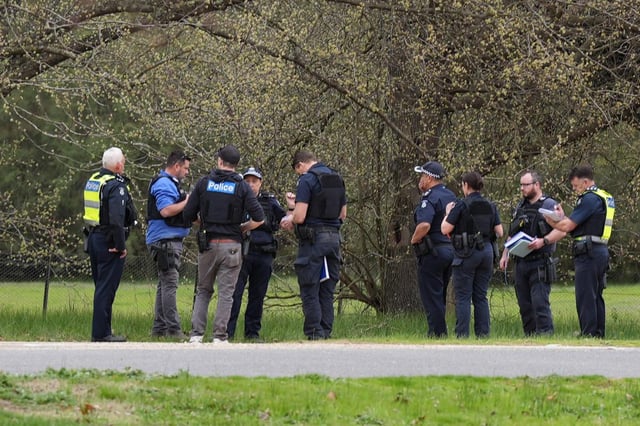 Victorian Police at the scene of a shooting in the high country of Porepunkah in Victoria on Tuesday, August 26, 2025.