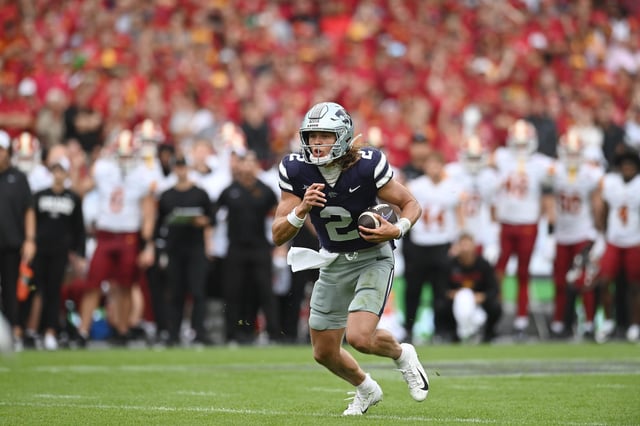 Avery Johnson #2 of the Kansas State Wildcats runs in to score a touchdown against the Iowa State Cyclones during the Aer Lingus Classic College Football game at Aviva Stadium on August 23, 2025 in Dublin, Ireland.