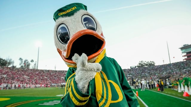 The Oregon Ducks mascot walks the sideline during the College Football Playoff quarterfinal against the Ohio State Buckeyes at the Rose Bowl in Pasadena, Calif. on Jan. 1, 2025. Ohio State won 41-21.