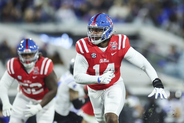 Kam Franklin #14 of the Mississippi Rebels looks on during the second half of the TaxSlayer Gator Bowl against the Duke Blue Devils at EverBank Stadium on January 02, 2025 in Jacksonville, Florida.