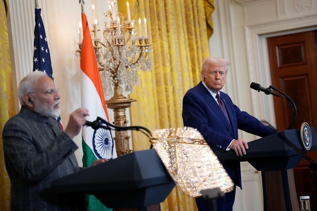 WASHINGTON, DC - FEBRUARY 13: U.S. President Donald Trump (R) and Indian Prime Minister Narendra Modi hold a joint press conference in the East Room at the White House on February 13, 2025 in Washington, DC.