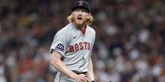 Aug 12, 2025; Houston, Texas, USA; Boston Red Sox starting pitcher Dustin May (85) reacts after an out to end the second inning against the Houston Astros at Daikin Park. Mandatory Credit: Troy Taormina-Imagn Images