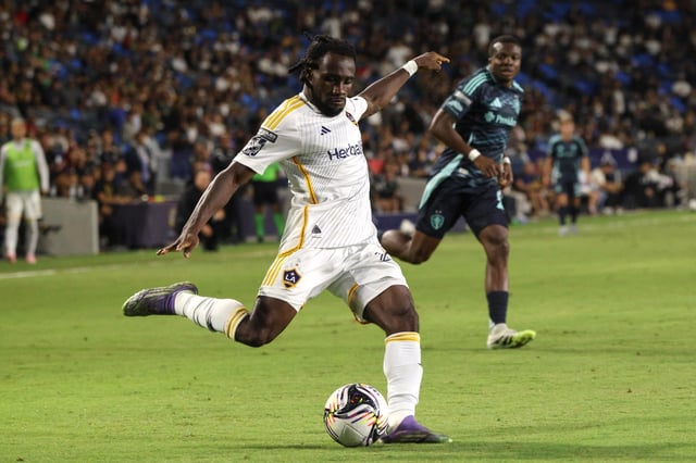 Galaxy forward Joseph Paintsil winds up to kick the ball during the second half of their Leagues Cup semifinal loss to the Seattle Sounders on Wednesday, Aug. 27, 2025, at Dignity Health Sports Park. (Photo by Raul Romero Jr., Contributing Photographer)