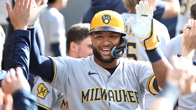 Aug 30, 2025; Toronto, Ontario, CAN; Milwaukee Brewers center fielder Jackson Chourio (11) celebrates with team mates in the duout after hitting a solo home run against the Toronto Blue Jays in the ninth inning at Rogers Centre. Mandatory Credit: Dan Hamilton-Imagn Images