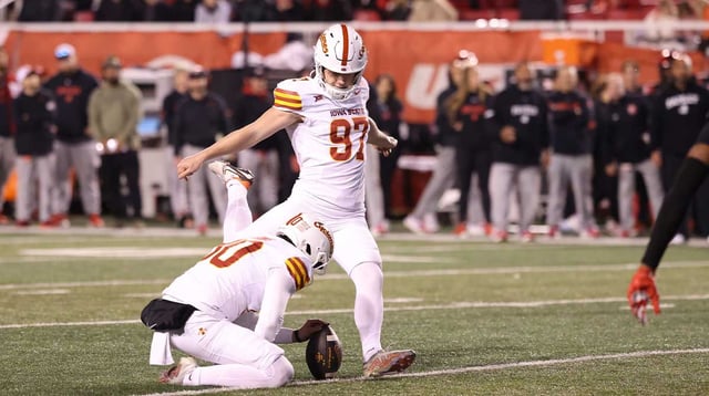 Nov 23, 2024; Salt Lake City, Utah, USA; Iowa State Cyclones place kicker Kyle Konrardy (97) kicks a field goal against the Utah Utes during the second quarter at Rice-Eccles Stadium. Mandatory Credit: Rob Gray-Imagn Images