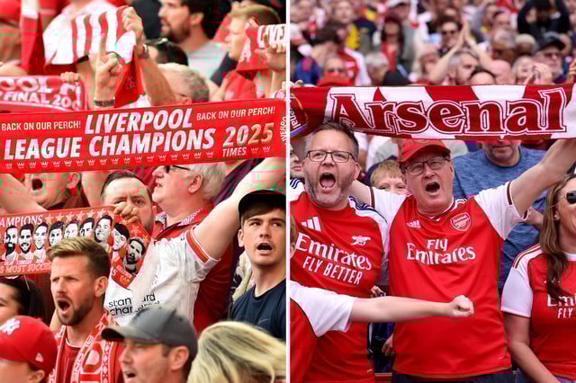 Liverpool fans sing ahead of kick-off in the English Premier League football match between Liverpool and Arsenal at Anfield in Liverpool, north west England on May 11, 2025. // Fans of Arsenal enjoy the atmosphere inside the stadium during the Premier League match between Arsenal and Leeds United at Emirates Stadium on August 23, 2025 in London, England.