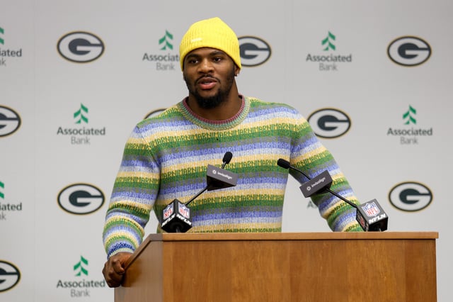 Former Dallas Cowboy Micah Parsons speaks to the media during a press conference, after being traded to the Green Bay Packers, at Lambeau Field on August 29, 2025 in Green Bay, Wisconsin.