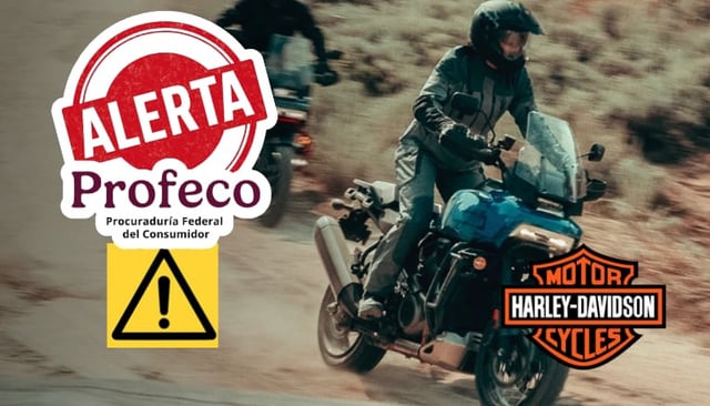 Fallo en amortiguador trasero podría causar accidente: Profeco y Harley-Davidson llaman a revisión de 498 motocicletas. / PROFECO. - Harley-Davidson. - Imágenes ilustrativas hechas con IA (Chatgpt).