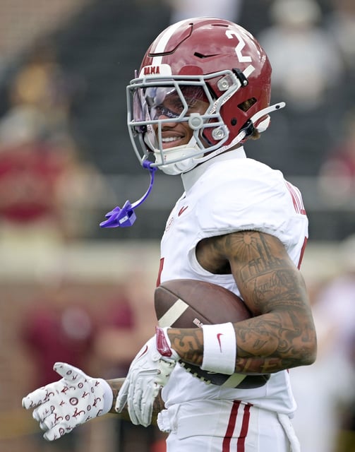 Aug 30, 2025; Tallahassee, Florida, USA; Alabama Crimson Tide wide receiver Ryan Williams (2) during warmups before the game between the Florida State Seminoles and the Alabama Crimson Tide at Doak S. Campbell Stadium. Mandatory Credit: Melina Myers-Imagn Images