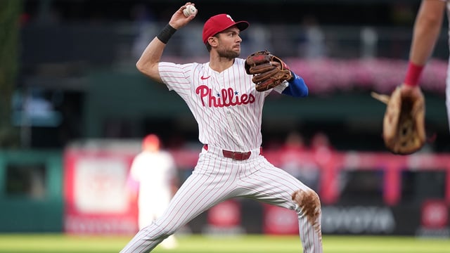 Aug 30, 2025; Philadelphia, Pennsylvania, USA; Philadelphia Phillies infielder Trea Turner (7) throws to first against the Atlanta Braves in the second inning at Citizens Bank Park. Mandatory Credit: Kyle Ross-Imagn Images