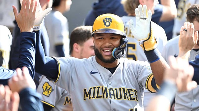 Aug 30, 2025; Toronto, Ontario, CAN; Milwaukee Brewers center fielder Jackson Chourio (11) celebrates with team mates in the duout after hitting a solo home run against the Toronto Blue Jays in the ninth inning at Rogers Centre. Mandatory Credit: Dan Hamilton-Imagn Images