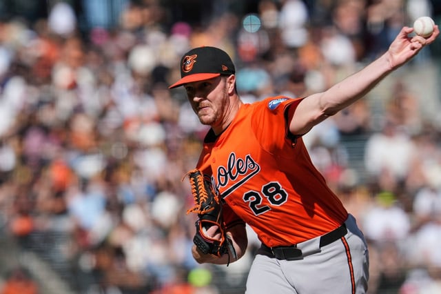 Baltimore Orioles' Trevor Rogers pitches to a San Francisco Giants batter during the first inning of a baseball game Saturday, Aug. 30, 2025, in San Francisco. (AP Photo/Godofredo A. Vásquez)