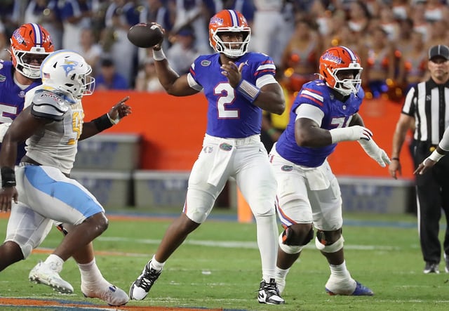 Florida quarterback DJ Lagway throws during the Long Island University at University of Florida college football game at Ben Hill Griffin Stadium in Gainesville on Saturday, Aug. 30, 2025. (Stephen M. Dowell/Orlando Sentinel)