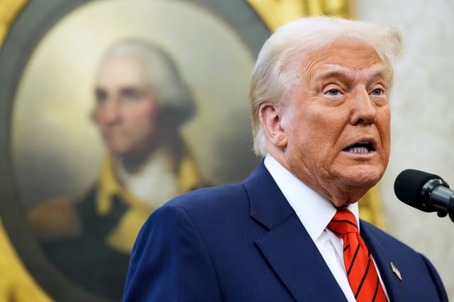 U.S. President Donald Trump speaks during the swearing in ceremony for Attorney General Pam Bondi in the Oval Office at the White House on February 05, 2025 in Washington, DC.
