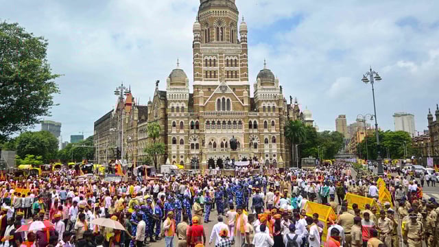 Mumbai: Supporters of activist Manoj Jarange Patil, who is on hunger strike demanding Maratha reservation, gather outside Chhatrapati Shivaji Maharaj Terminus on Saturday