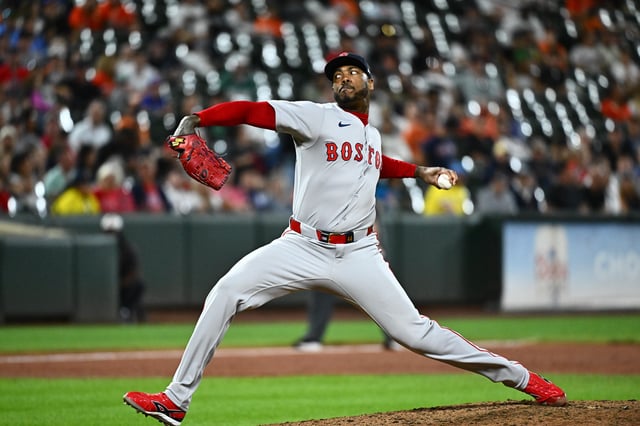 Aug 27, 2025; Baltimore, Maryland, USA;  Boston Red Sox pitcher Aroldis Chapman (44) delivers a pitch during the ninth inning against the Baltimore Orioles at Oriole Park at Camden Yards. Mandatory Credit: James A. Pittman-Imagn Images/ File Photo