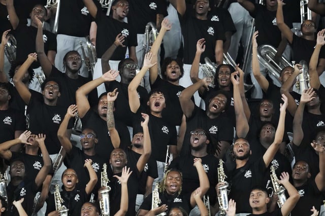 Texas Southern University’s Ocean of Sound cheer during the first half of a college football game in Houston, Saturday, Aug. 30, 2025.