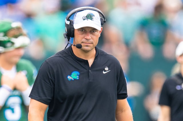 Tulane Green Wave head coach Jon Sumrall looks on against Northwestern Wildcats during the first half at Yulman Stadium in Louisiana on August 30, 2025.
