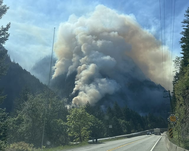Smoke from the Sailor Bar wildfire is seen in this handout photo, north of Yale, B.C., on Sunday, Aug. 24, 2025. THE CANADIAN PRESS/Handout- BC Wildfire Service (Mandatory Credit)