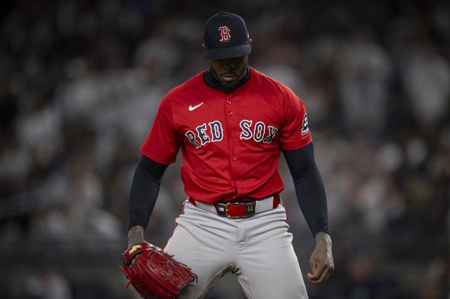 NEW YORK, NY - AUGUST 22: Aroldis Chapman #44 of the Boston Red Sox pitches during the ninth inning of a game against the New York Yankees on August 22, 2025 at Yankees Stadium in New York, New York.